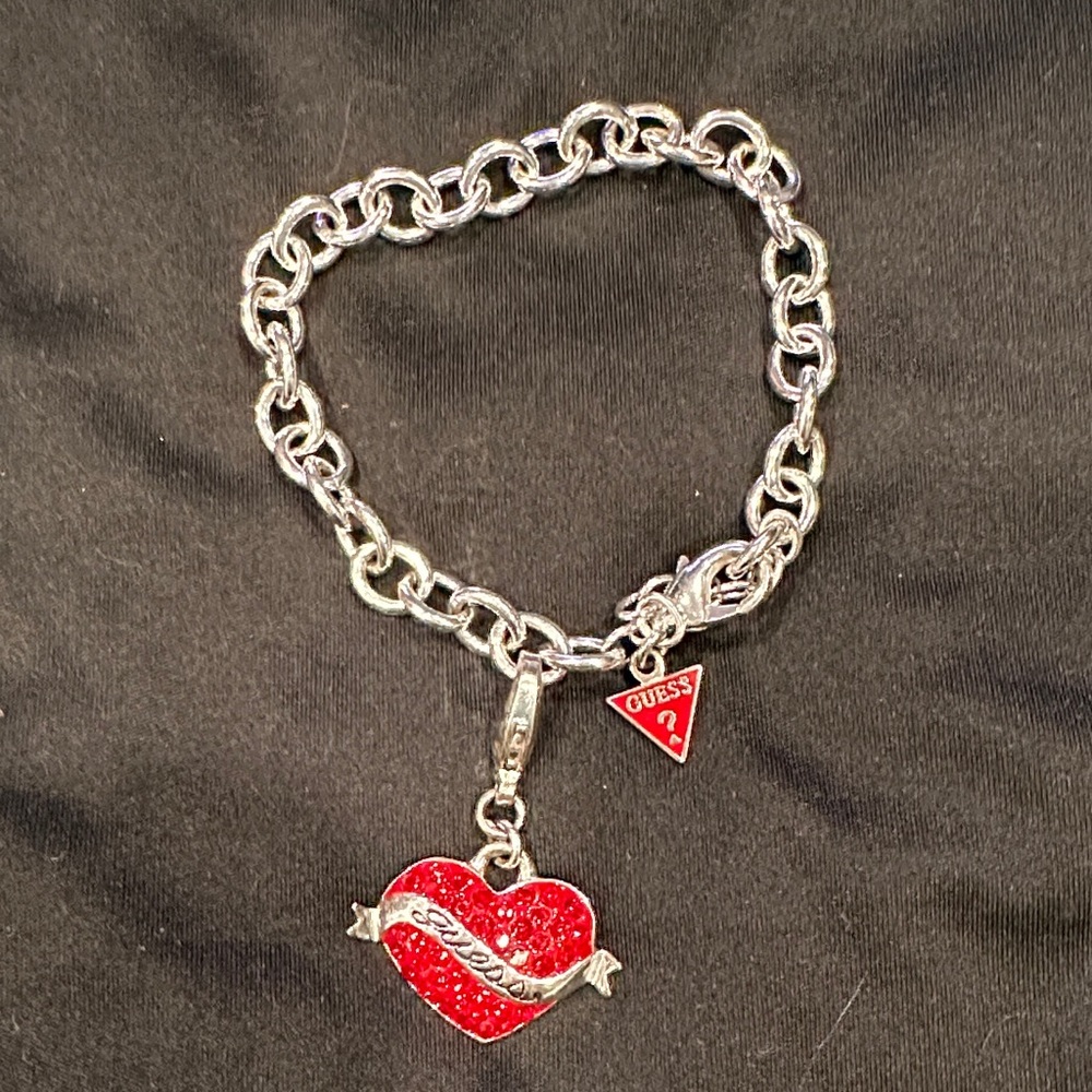 #346 GUESS Silver Bracelet with Red Heart Charm